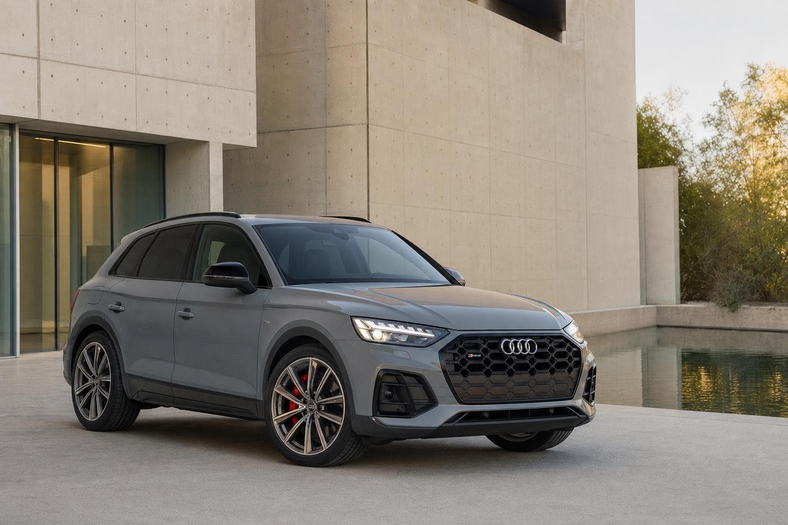 Grijze Audi SQ5 SUV voor een modernistisch betonnen museumgebouw met waterpartij