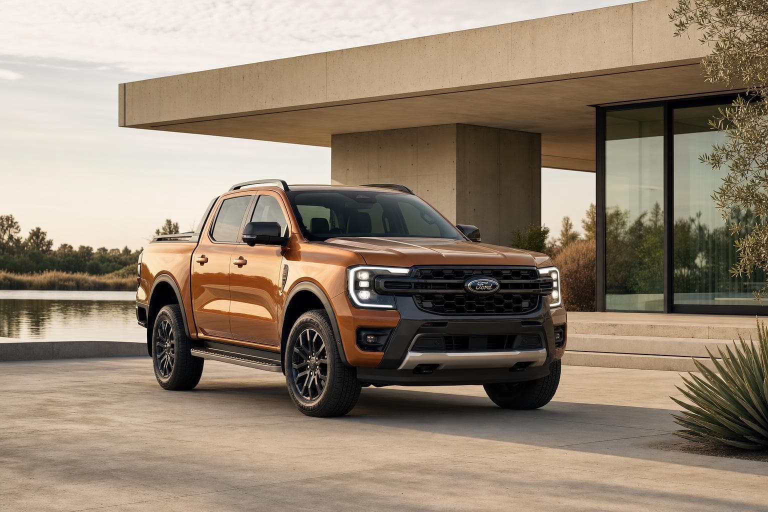 Koperkleurige Ford Ranger Wildtrak op het terras van een minimalistische villa aan het water